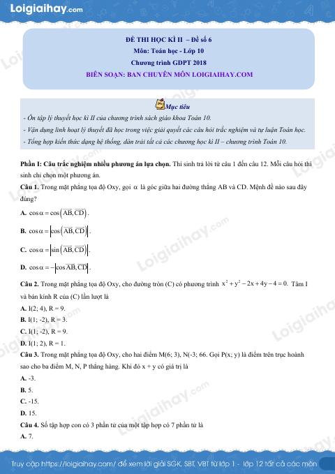 Đề thi học kì 2 Toán 10 - Đề số 6